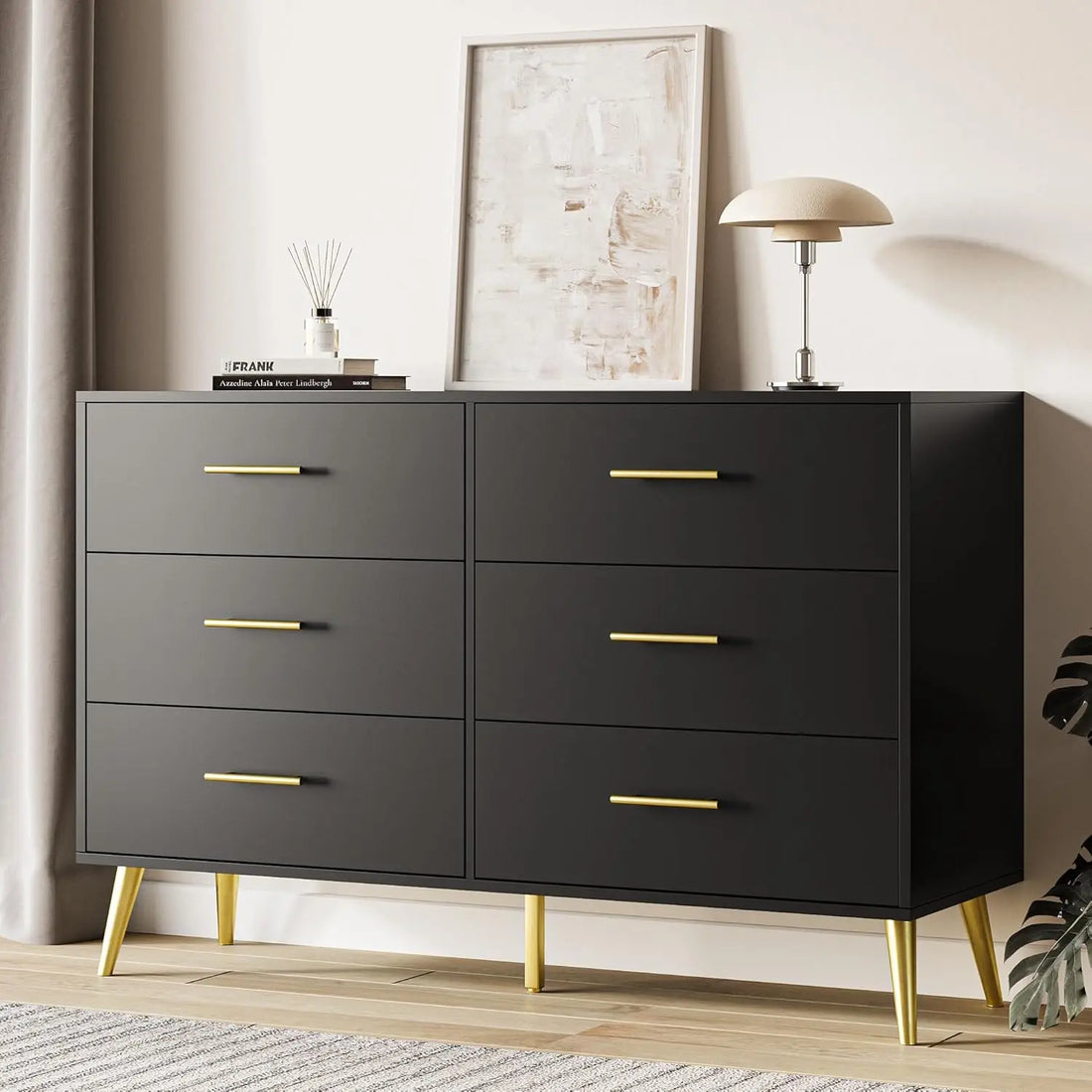 Black Dresser for Bedroom, 6 Drawer Dresser with Gold Metal Handles &amp; Metal Legs, Wood Chests of Drawers for Bedroom