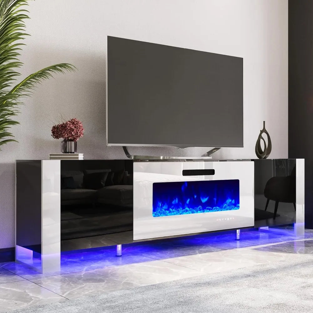 TV stand with 36 inch fireplace, 70 inch high brightness entertainment center LED lights, U-shaped legs