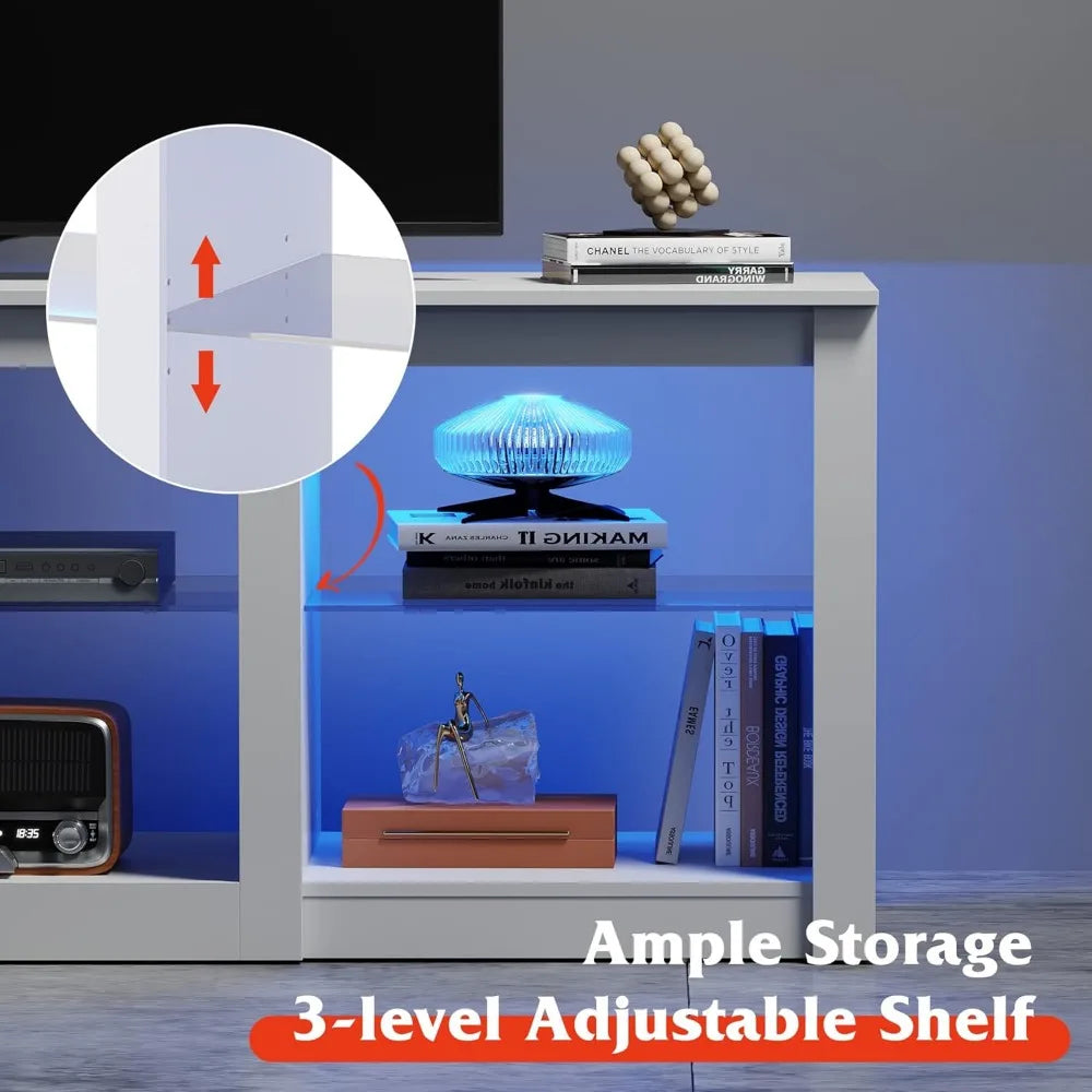 LED TV Stand for 65-Inch TV, 58-Inch Entertainment Center with Adjustable Glass Shelves, Modern Media Console