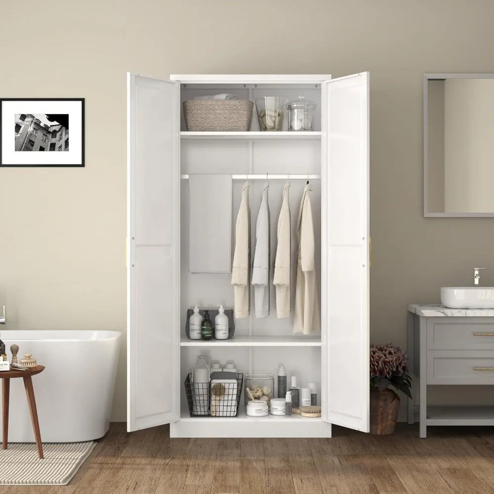 Metal Wardrobe Cabinets，Armoire Wardrobe Closet with Hanging Rod,Clothes Storage Cabinet with Adjustable Shelves and Doors, Clot