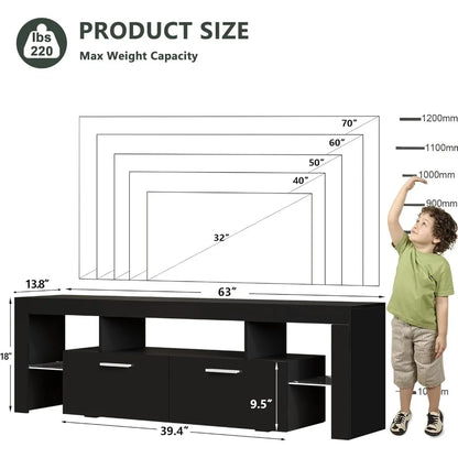 Modern LED 63 inch Long TV Stand with Large Storage Drawer for 50 55 60 65 70 75 Inch TVs, Wood TV Console