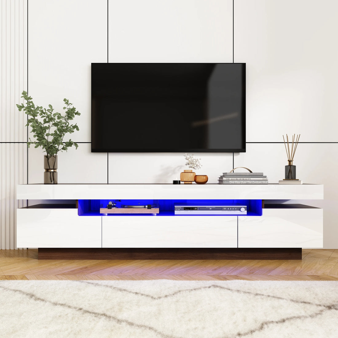 TV Stand for 75/80 Inch TV, Modern Gaming TV Cabinet, High Gloss Entertainment Center with Storage