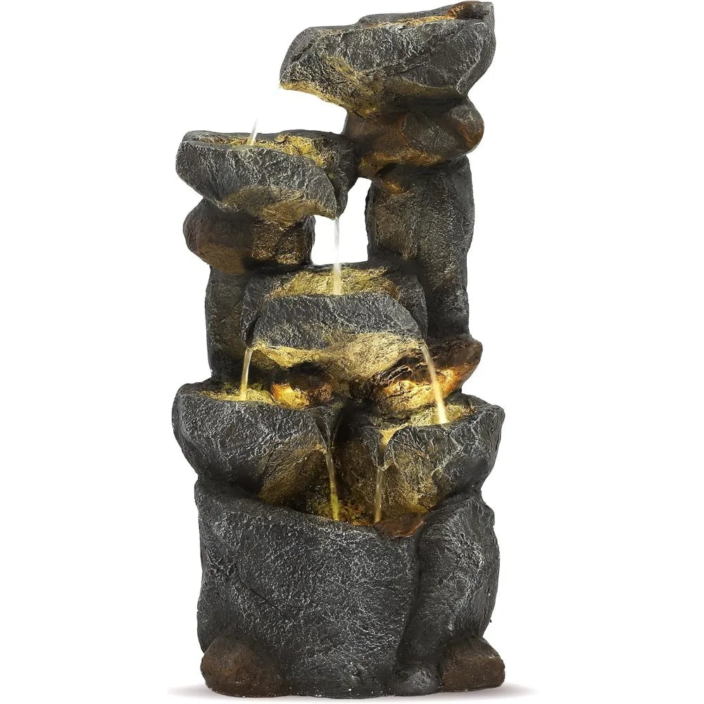 6 Tier Cascading Rock Water Fountain- 35&quot; H Outdoor Garden Fountain Waterfalls with 6 LED Lights and Pump, Indoor/Outdoor Modern