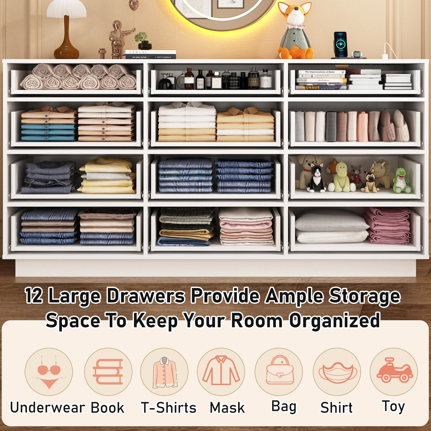 12 Drawer Dresser for Bedroom, 63&