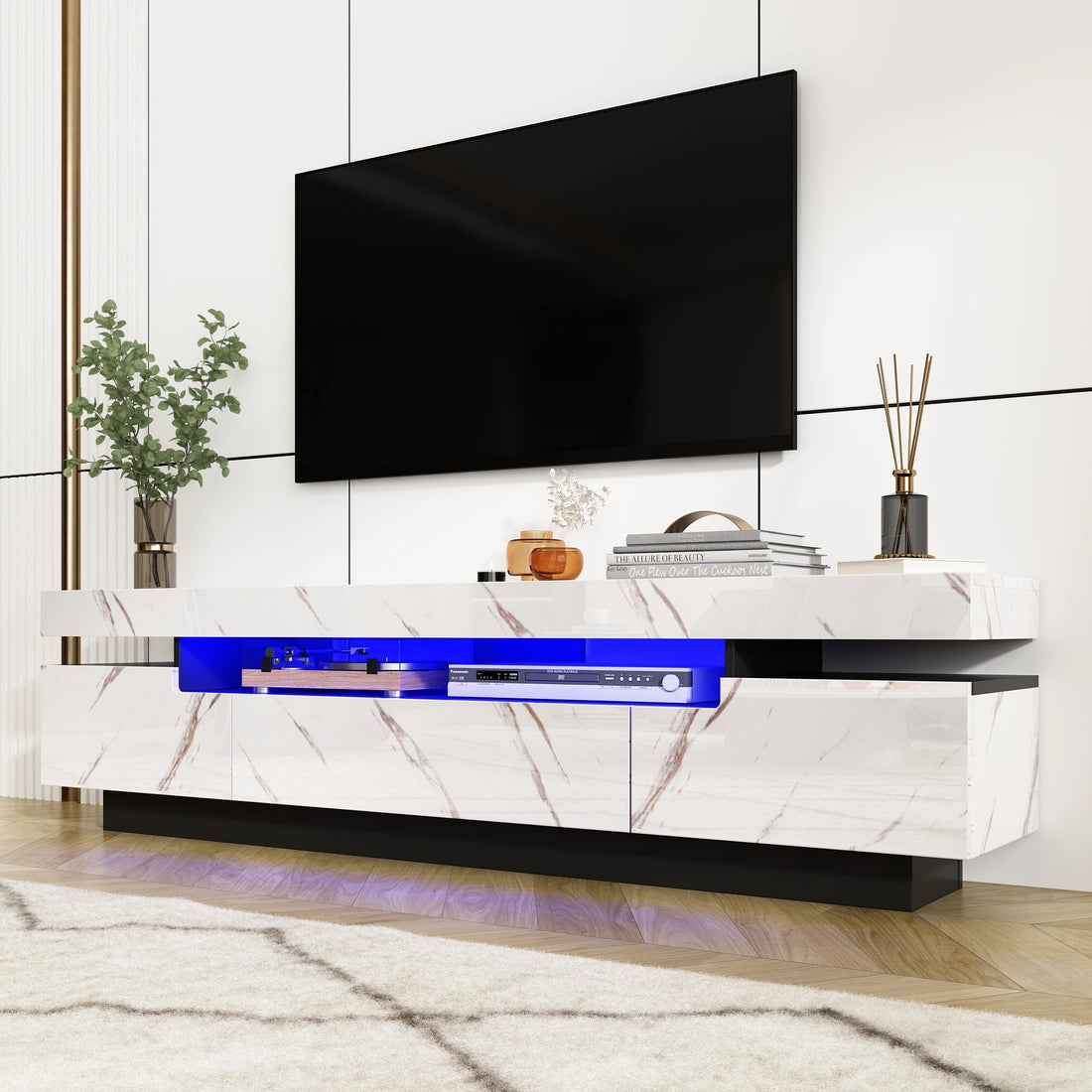TV Stand for 75/80 Inch TV, Modern Gaming TV Cabinet, High Gloss Entertainment Center with Storage