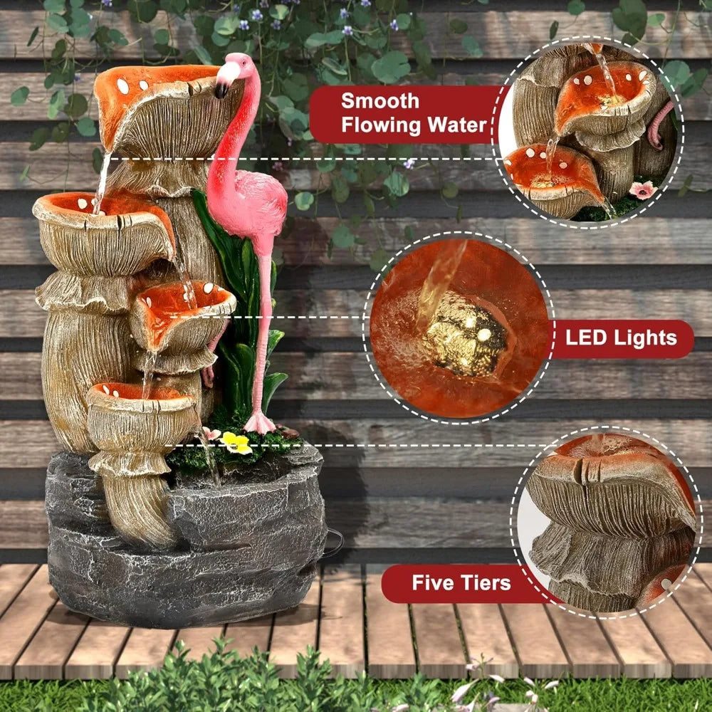 Outdoor Water Fountain - 5 Tier Floor-Standing Cascading Garden Fountain, 25&quot; H Indoor/Outdoor Flamingos Water Fountain