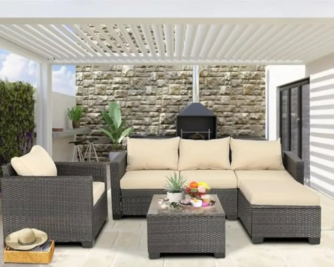 6 Pieces Pieces Patio Furniture Set Outdoor Sectional Wicker Patio Furniture Patio Couch with Ottoman for Lawn, Balcony, Garden,