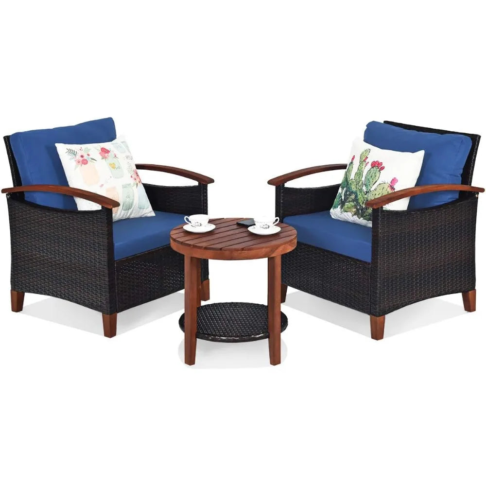 3 Pieces Rattan Furniture  Outdoor Patio Conversation Set Wicker Sofa Set with Cushion &amp; Acacia Wood Frame,Table &amp; Chairs