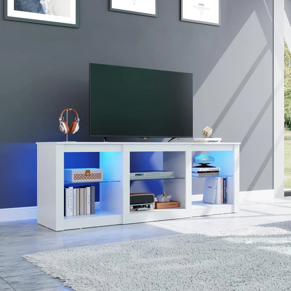 LED TV Stand for 65-Inch TV, 58-Inch Entertainment Center with Adjustable Glass Shelves, Modern Media Console