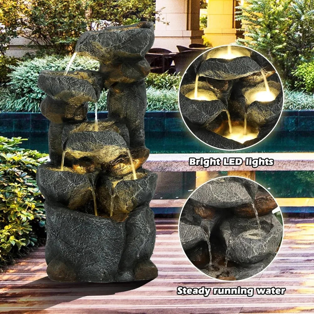 6 Tier Cascading Rock Water Fountain- 35&quot; H Outdoor Garden Fountain Waterfalls with 6 LED Lights and Pump, Indoor/Outdoor Modern