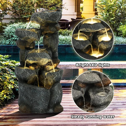 6 Tier Cascading Rock Water Fountain- 35&quot; H Outdoor Garden Fountain Waterfalls with 6 LED Lights and Pump, Indoor/Outdoor Modern