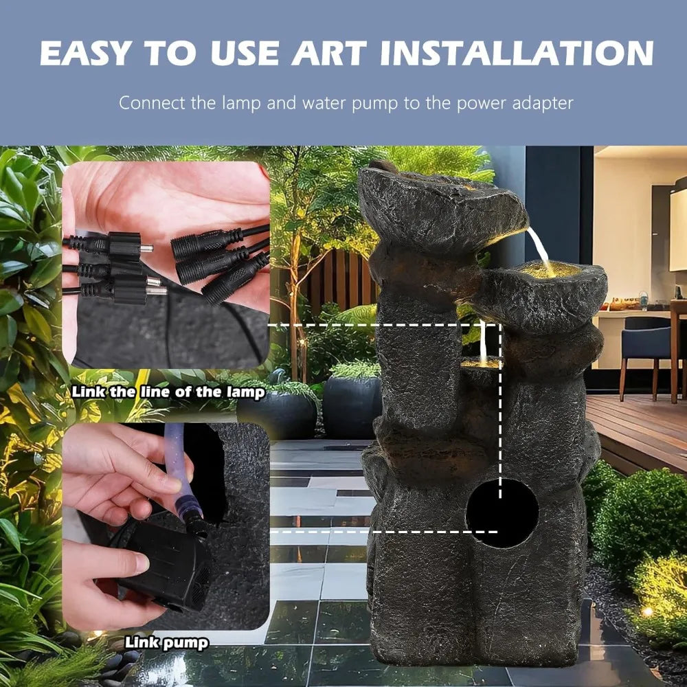 6 Tier Cascading Rock Water Fountain- 35&quot; H Outdoor Garden Fountain Waterfalls with 6 LED Lights and Pump, Indoor/Outdoor Modern