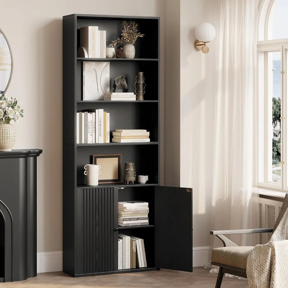 Bookcases and Bookshelves, Bookshelf with Doors and Storage, Industrial Tall Book Shelf for Living Room, Home Office