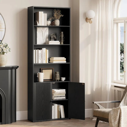 Bookcases and Bookshelves, Bookshelf with Doors and Storage, Industrial Tall Book Shelf for Living Room, Home Office