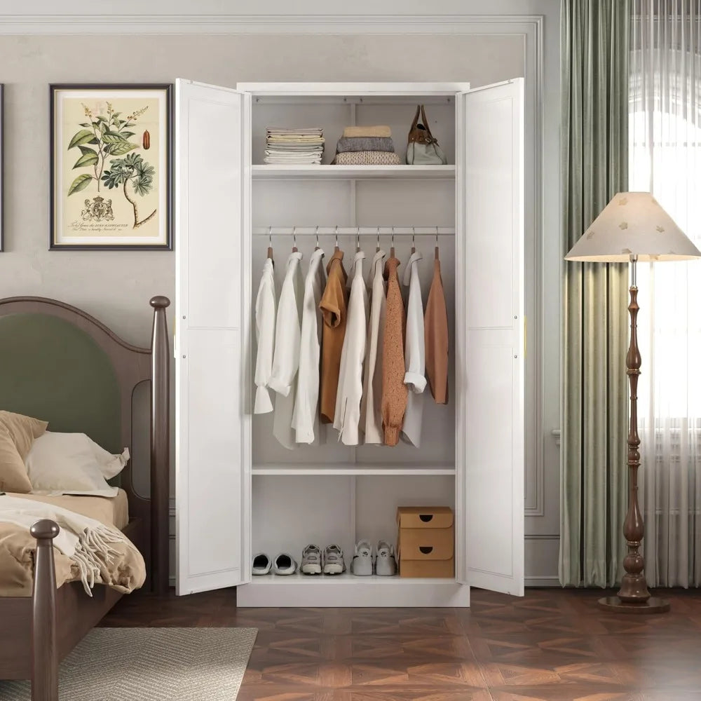 Metal Wardrobe Cabinets，Armoire Wardrobe Closet with Hanging Rod,Clothes Storage Cabinet with Adjustable Shelves and Doors, Clot