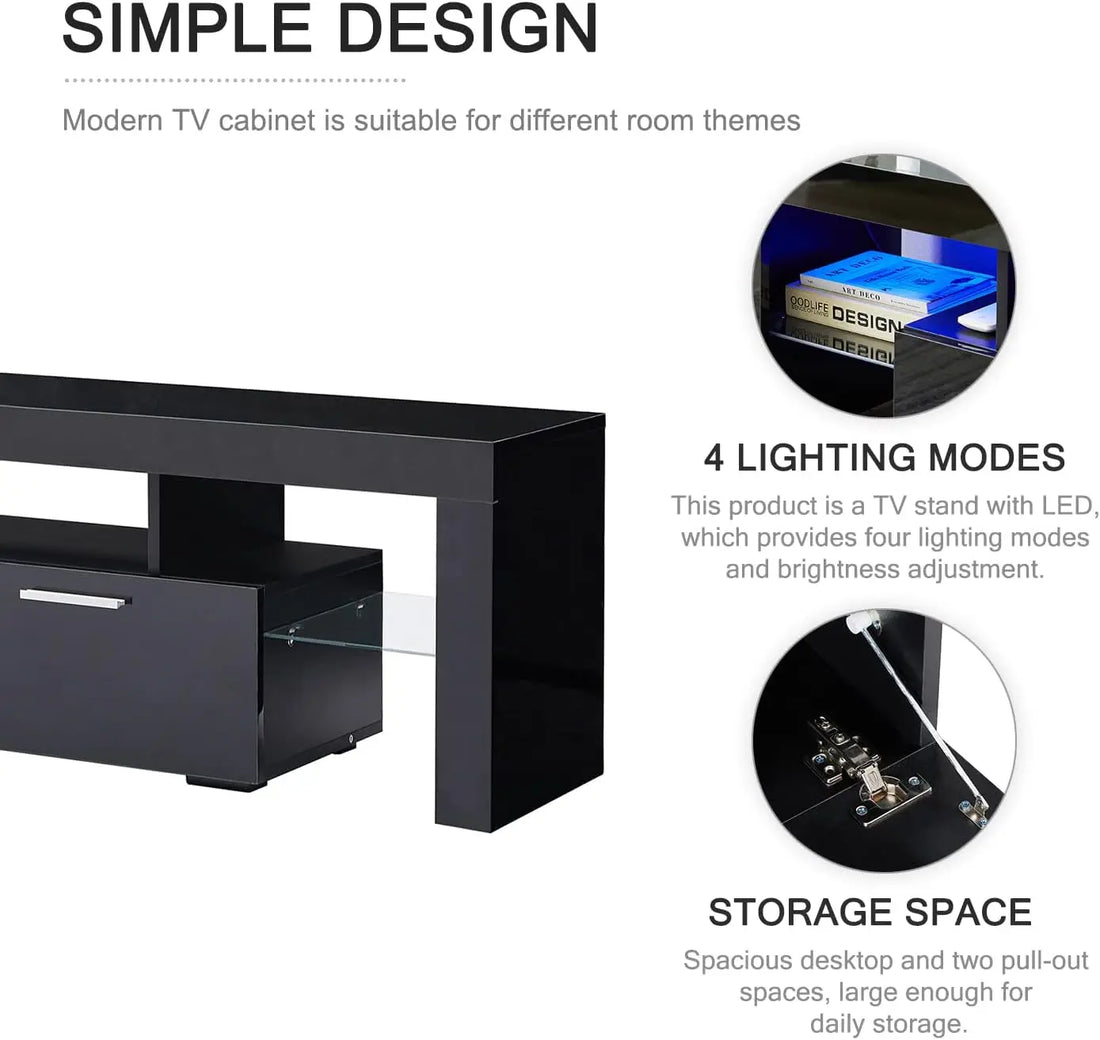 LED TV Stand for 75 Inch TV, High Gloss TV Entertainment Center with Storage Drawer, TV Console Table