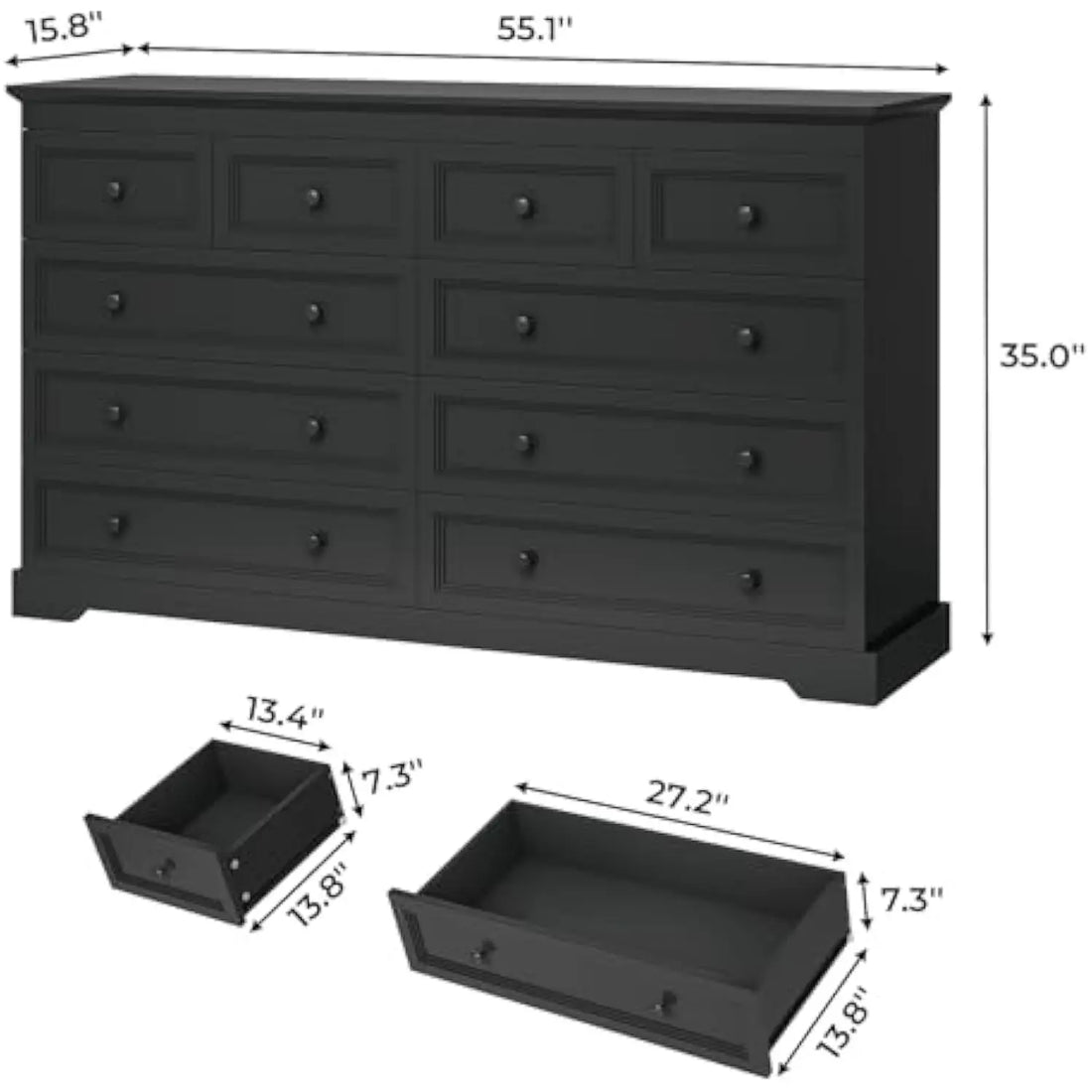 10 Drawers Dresser, Black Large Chest of Drawers, 55 Long Tv Stand Dresser, Wide Dresser for Bedroom, Living Room