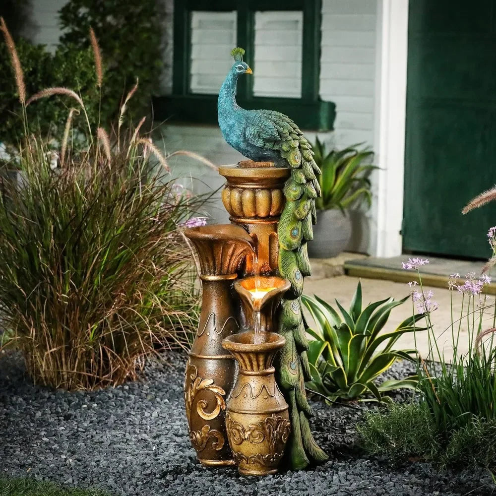 44&quot; Resin Pedestal Peacock and Urns Garden Water Fountain Outdoor with LED Light, Tall Fountains Outdoor for Garden Patio
