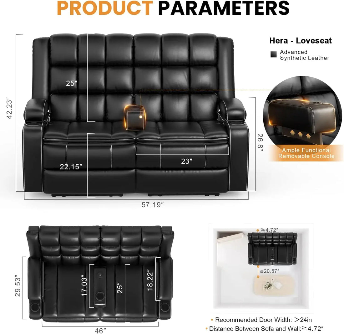 Sofa, Reclining Loveseat with Removable Console, USB Ports &amp; Cup Holders, RV Wall Hugger Double Recliner Couch, 2 Layer Cushion