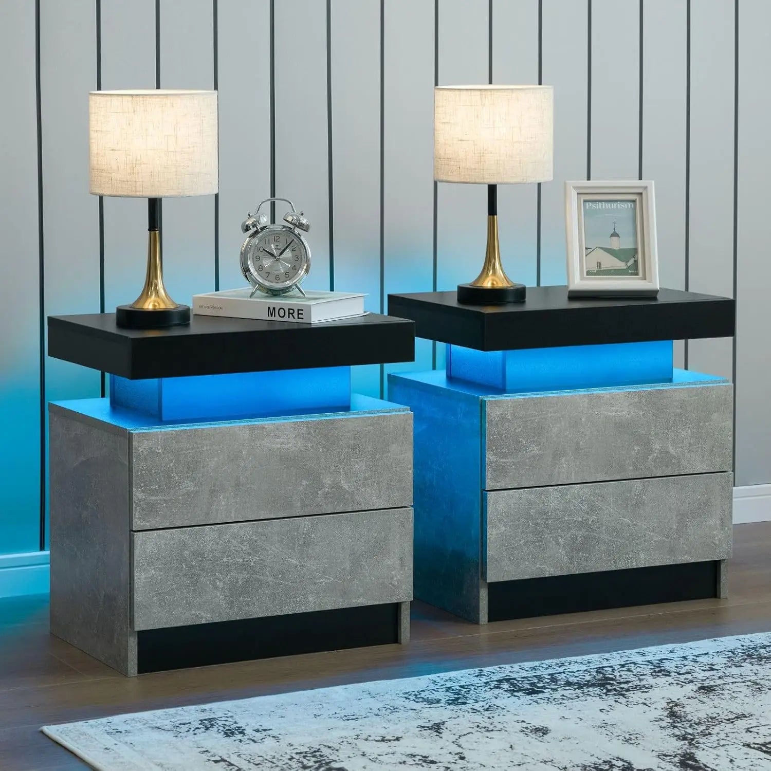 Nightstand Set of 2 LED Nightstand with 2 Drawers, Bedside Table with Drawers for Bedroom, Side Bed Table with LED Light,