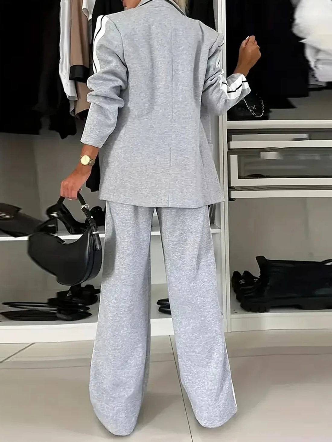 Women’s Elegant Two-Piece Suit Set – Side-Striped Lapel Jacket and High-Waisted Straight-Leg Pants