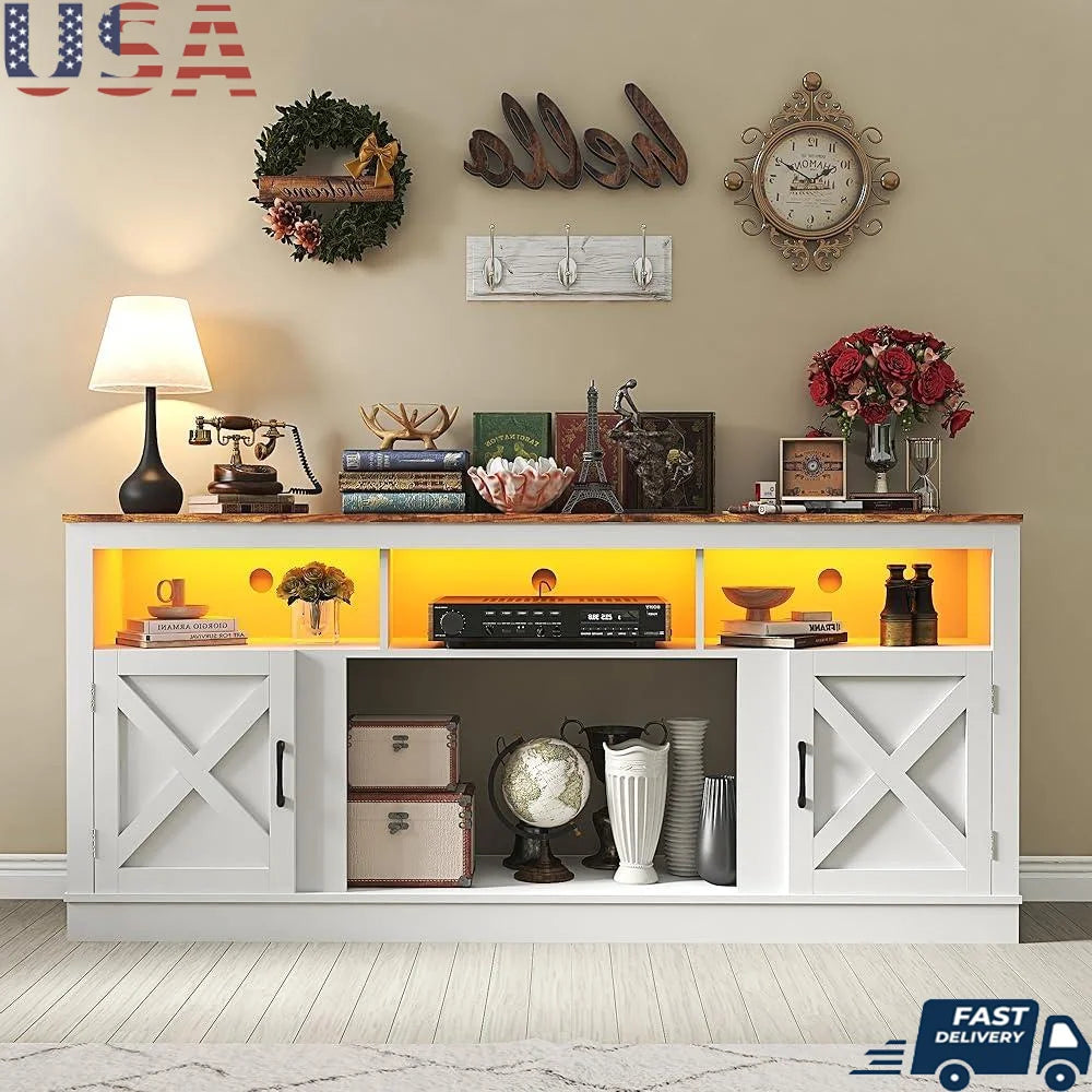 Farmhouse TV Stand 70 75 80 Inch TVs Entertainment Center with LED Light Adjustable Shelves Barn Door Media Console Storage