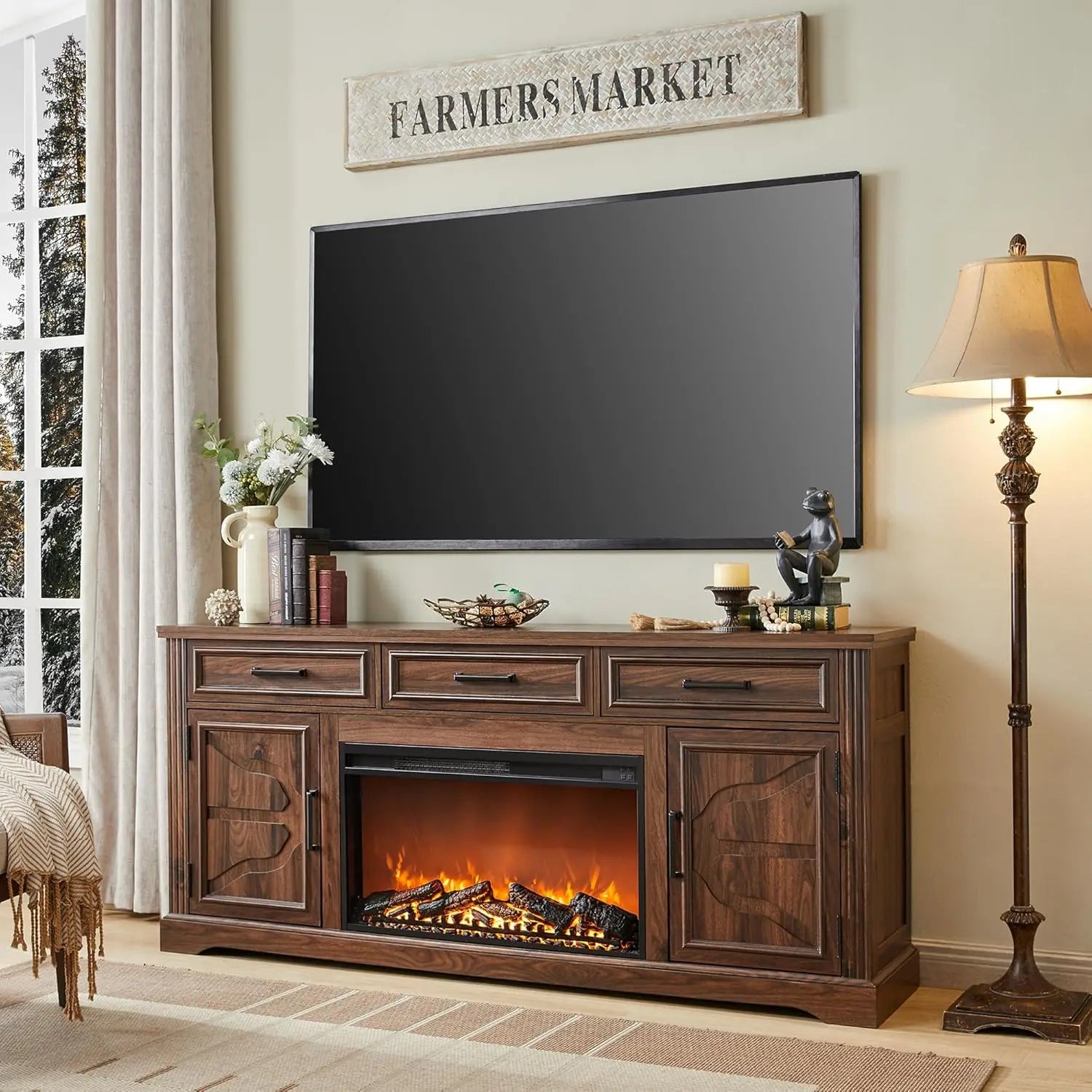 Farmhouse Fireplace TV Stand for Up to 80 Inch TV, Entertainment Center with 30&quot; Electric Fireplace for 65 75 Inch TV, 70&quot;