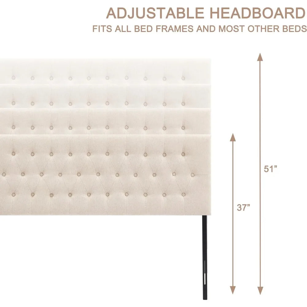 Tufted Upholstered Headboard Queen Size, Solid Wood Head Board with Durable Metal Legs, Adjustable Height Bed headboard from 37”