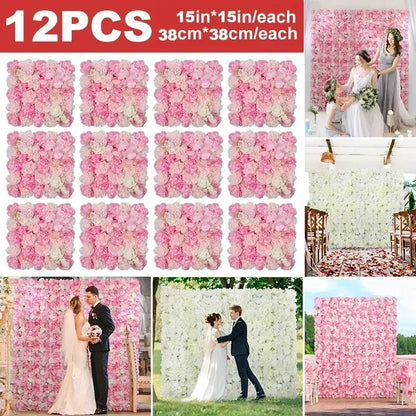 12PCS Artificial Flowers Roses Wall Panel 3D Flower Backdrop Faux Roses for Wall Party Wedding Bridal Shower Outdoor Decoration
