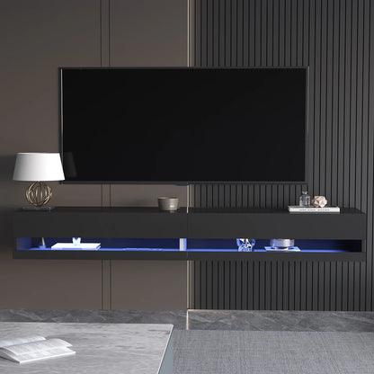71&quot; Floating TV Stand for 75/80&quot; TV, Wall Mounted LED TV Stand w/Power Outlets, Modern High Gloss Media Console