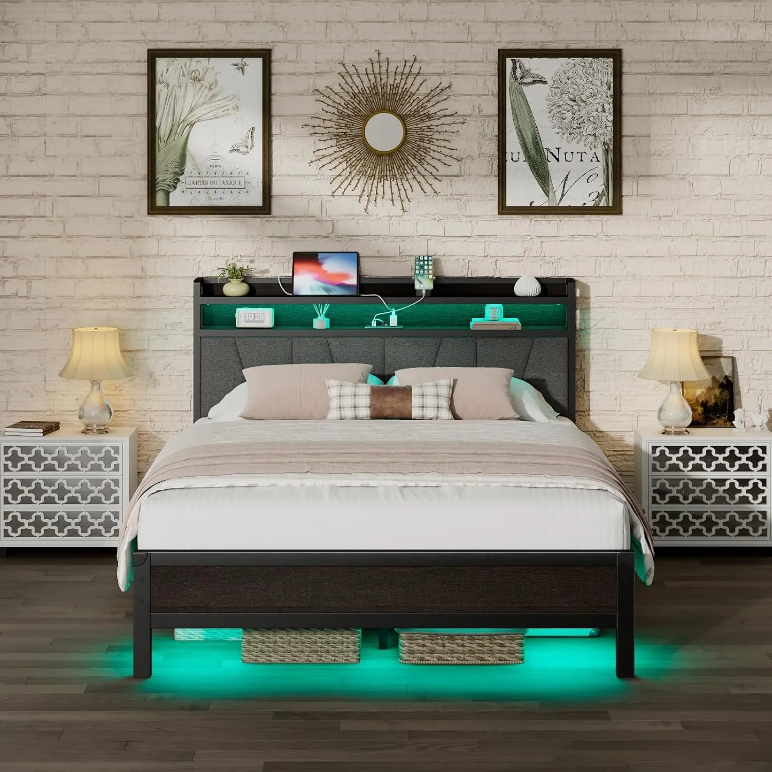 Queen Size Bed Frame with RGBW LED Lights &amp; Charging Station, Upholstered Headboard with 2-Tier Storage, Stable Metal Platform
