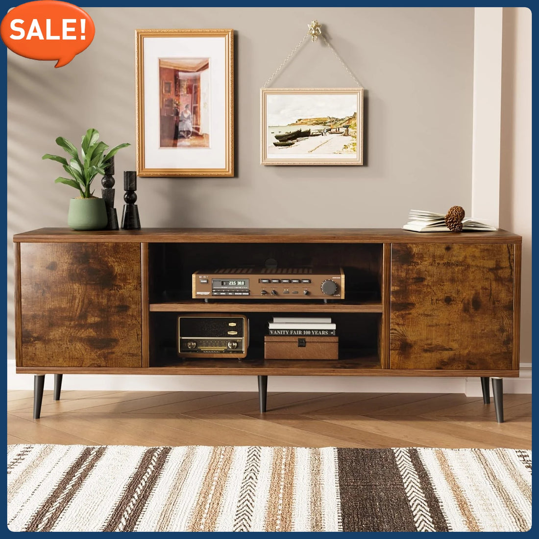 TV Stand for 65 Inch TV, Modern Entertainment Center with Storage Cabinet and Open Shelves