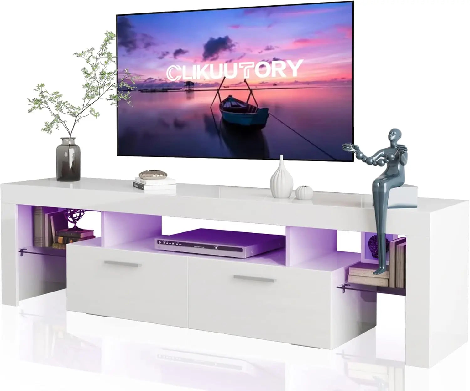 Modern LED 63 inch Long TV Stand with Large Storage Drawer for 50 55 60 65 70 75 Inch TVs, Wood TV Console