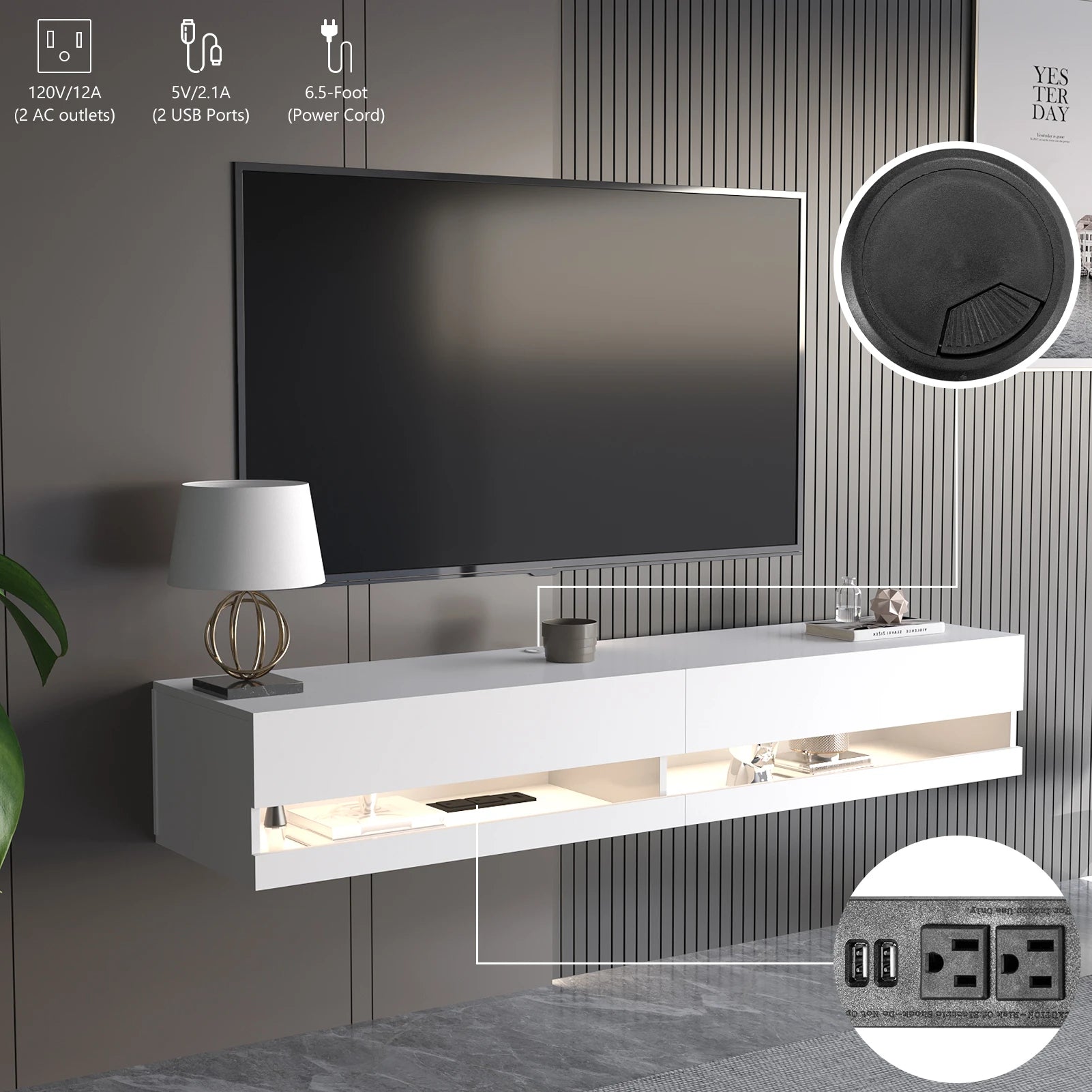 71&quot; Floating TV Stand for 75/80&quot; TV, Wall Mounted LED TV Stand w/Power Outlets, Modern High Gloss Media Console