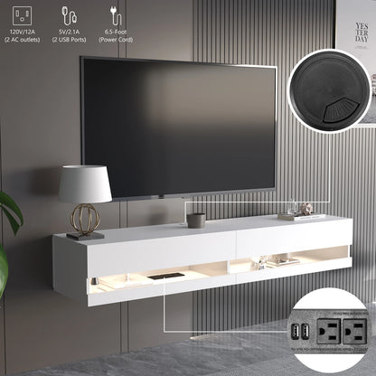 71&quot; Floating TV Stand for 75/80&quot; TV, Wall Mounted LED TV Stand w/Power Outlets, Modern High Gloss Media Console