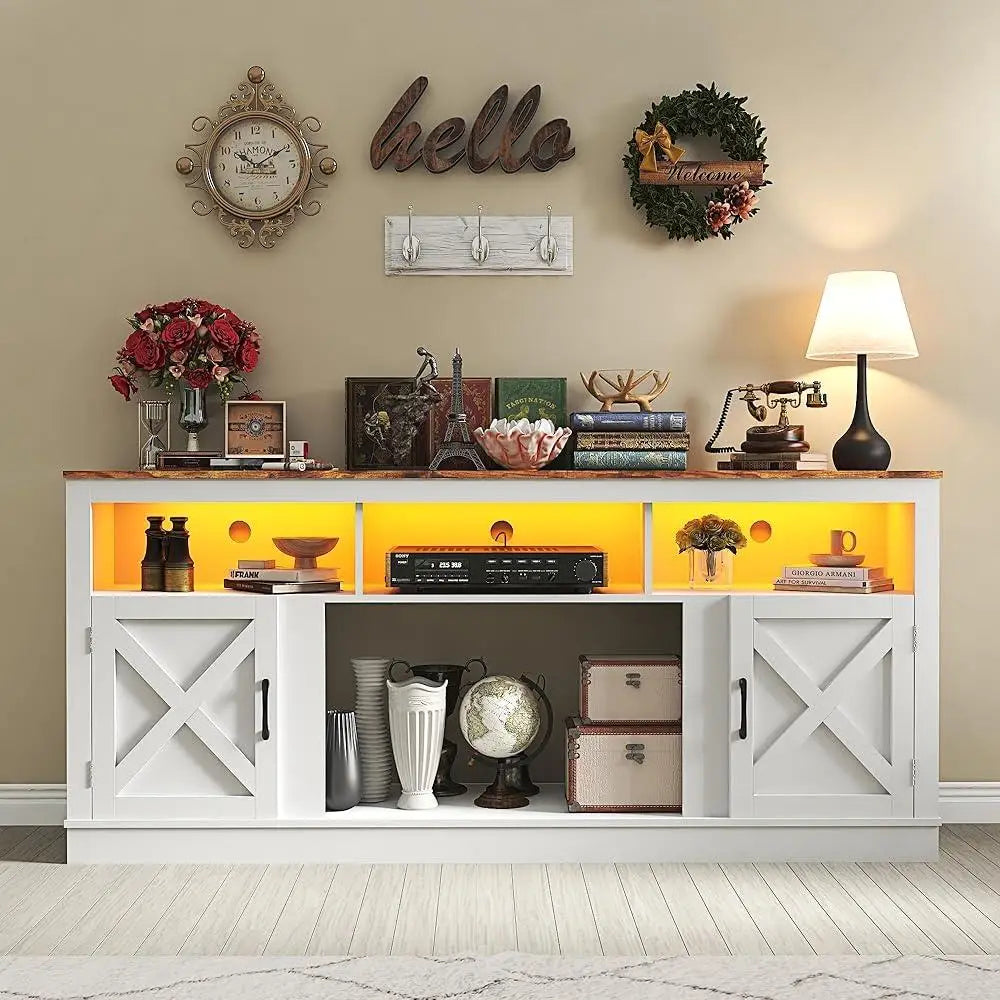 Farmhouse TV Stand 70 75 80 Inch TVs Entertainment Center with LED Light Adjustable Shelves Barn Door Media Console Storage