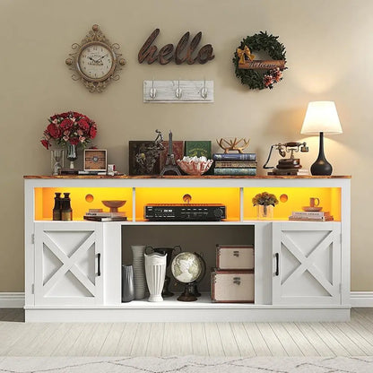 Farmhouse TV Stand 70 75 80 Inch TVs Entertainment Center with LED Light Adjustable Shelves Barn Door Media Console Storage