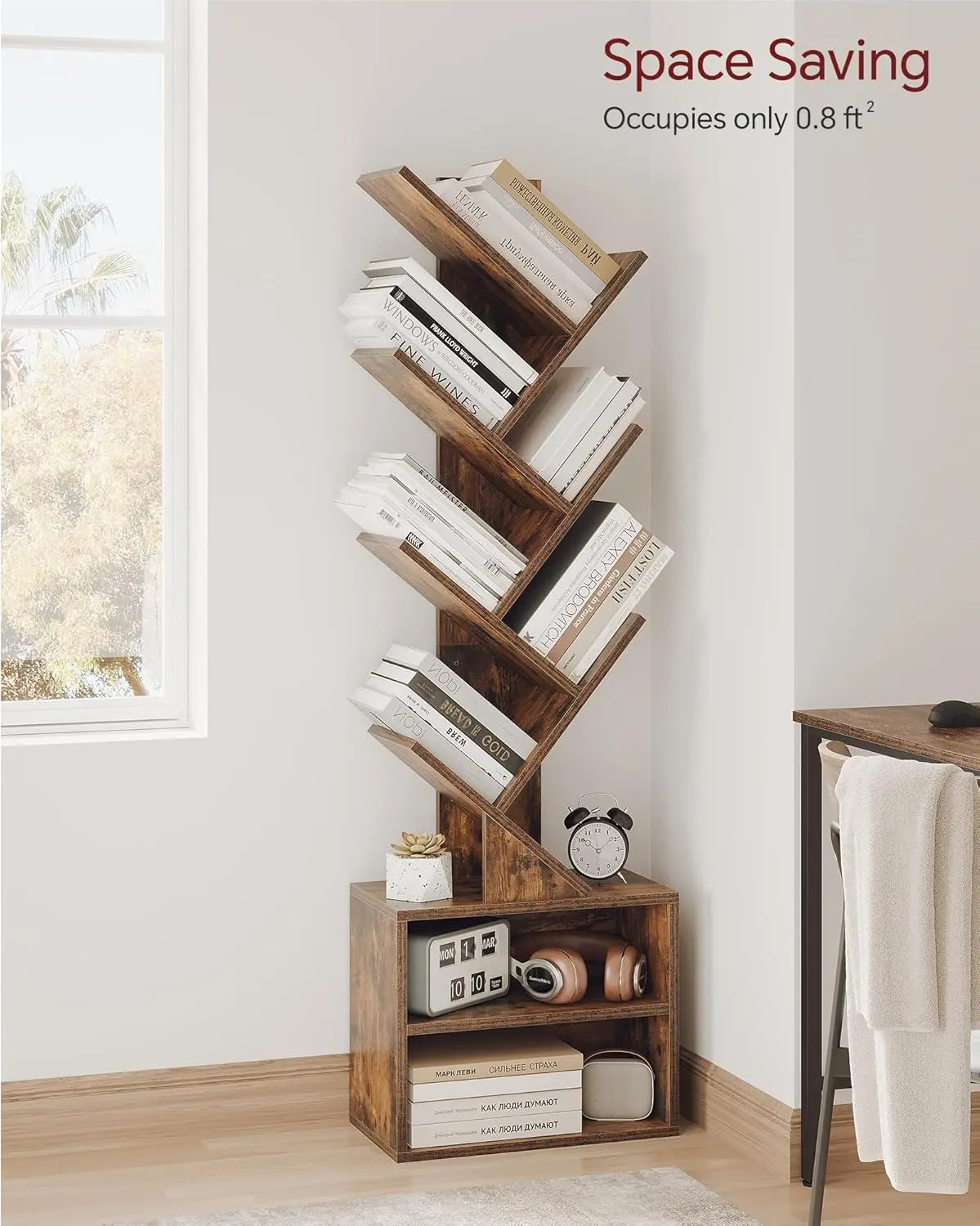 6 Tier Tree Bookshelf, Small Bookcase with Storage Cabinet, Modern Tall Narrow Bookshelves Organizer, Floor Standing Book Shelf