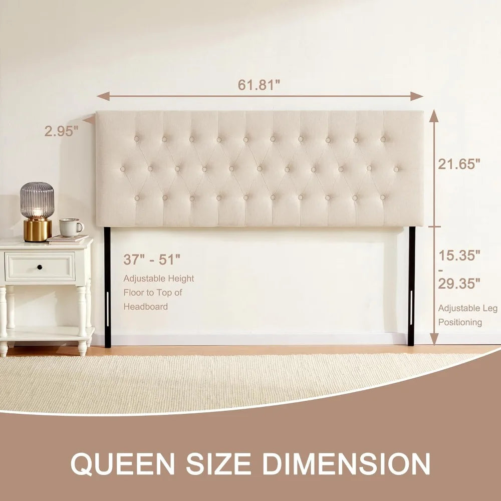 Tufted Upholstered Headboard Queen Size, Solid Wood Head Board with Durable Metal Legs, Adjustable Height Bed headboard from 37”