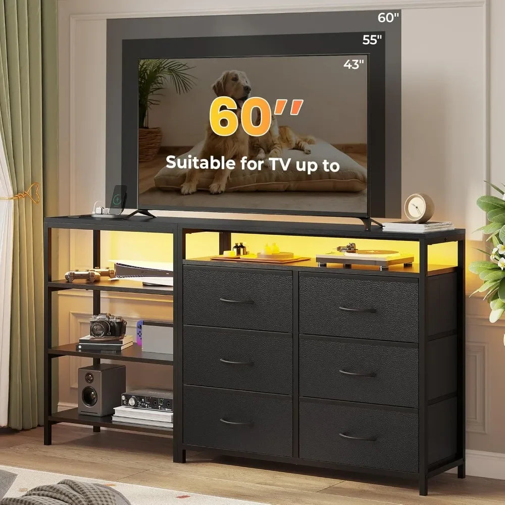 Entertainment Center with Power Outlets and LED Lights, with Open Shelf, Drawers with PU Finish