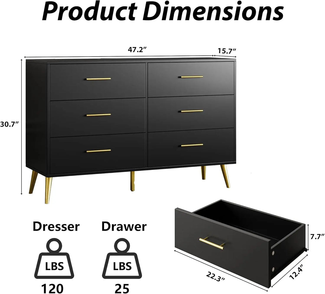 Black Dresser for Bedroom, 6 Drawer Dresser with Gold Metal Handles &amp; Metal Legs, Wood Chests of Drawers for Bedroom