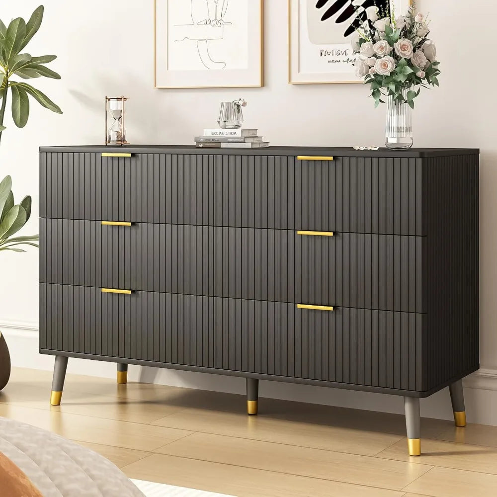 Black Dresser, Fluted 6 Drawer Dresser for Bedroom, Wooden Modern Chest of Drawers with Gold Metal Handles, Black