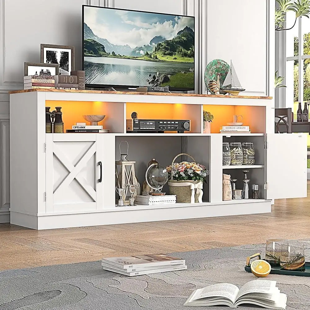 Farmhouse TV Stand 70 75 80 Inch TVs Entertainment Center with LED Light Adjustable Shelves Barn Door Media Console Storage