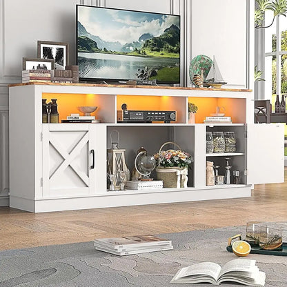 Farmhouse TV Stand 70 75 80 Inch TVs Entertainment Center with LED Light Adjustable Shelves Barn Door Media Console Storage