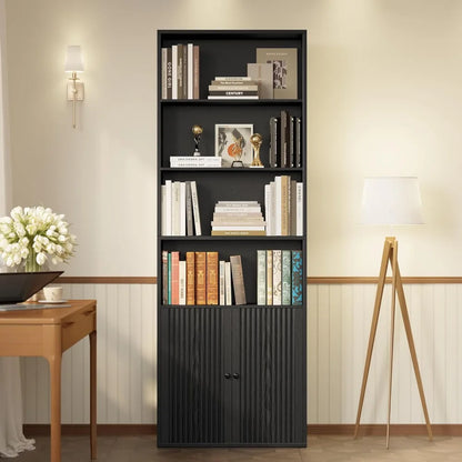 Bookcases and Bookshelves, Bookshelf with Doors and Storage, Industrial Tall Book Shelf for Living Room, Home Office