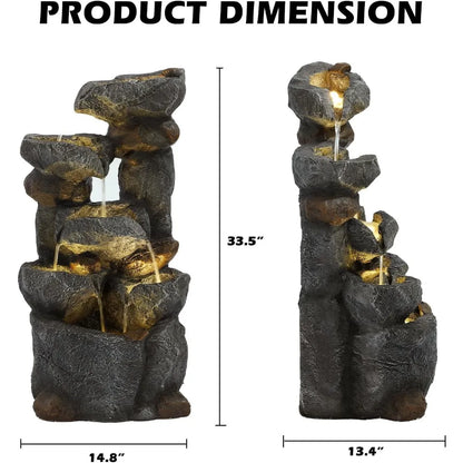6 Tier Cascading Rock Water Fountain- 35&quot; H Outdoor Garden Fountain Waterfalls with 6 LED Lights and Pump, Indoor/Outdoor Modern