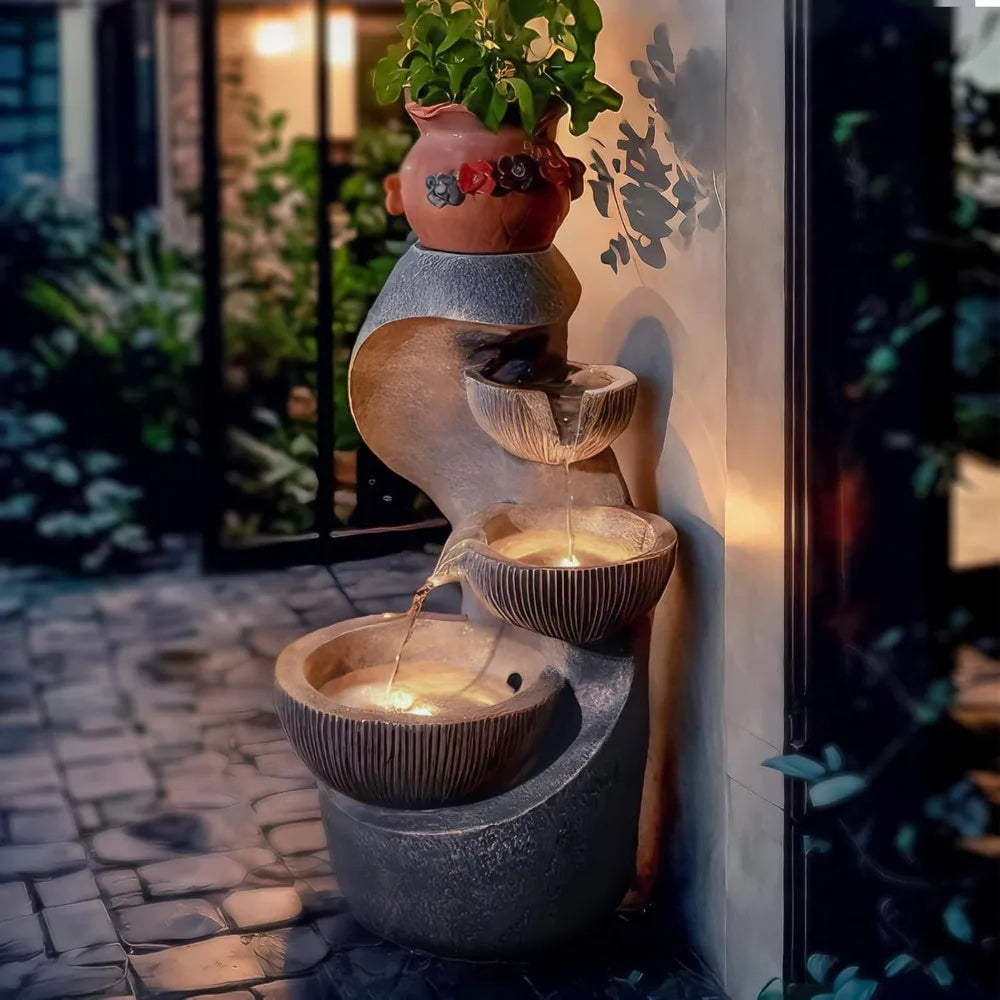 Outdoor Water Fountain, Modern Outdoor Garden Fountains with LED Lighted for Garden, Patio, Deck, Backyard and Home Art