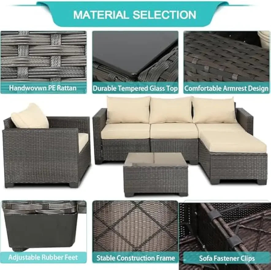 6 Pieces Pieces Patio Furniture Set Outdoor Sectional Wicker Patio Furniture Patio Couch with Ottoman for Lawn, Balcony, Garden,