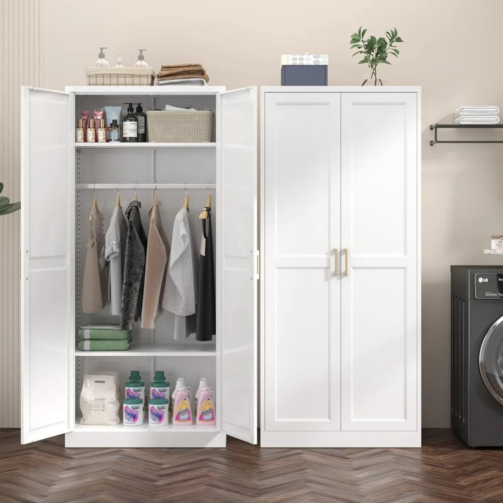 Metal Wardrobe Cabinets，Armoire Wardrobe Closet with Hanging Rod,Clothes Storage Cabinet with Adjustable Shelves and Doors, Clot
