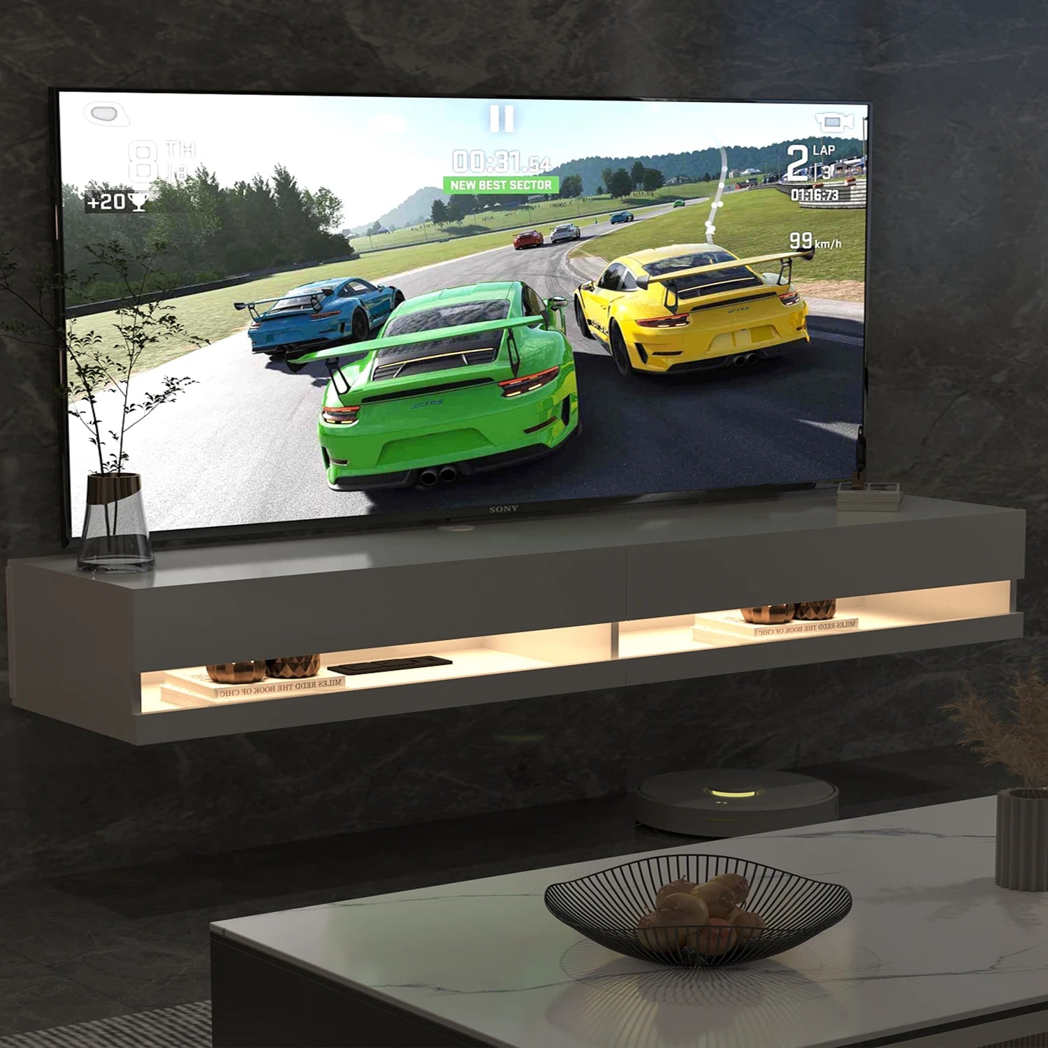 71&quot; Floating TV Stand for 75/80&quot; TV, Wall Mounted LED TV Stand w/Power Outlets, Modern High Gloss Media Console